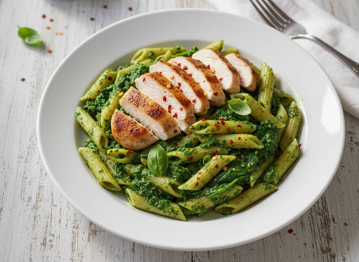 Penne with green sauce and seasoned chicken photo