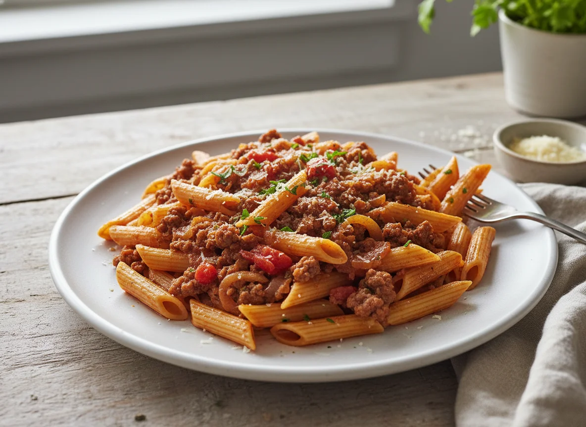 Penne with Ground Beef and Onions photo