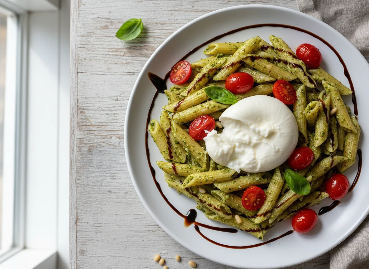 Penne with Pesto, Burrata, Cherry Tomatoes and Balsamic Glaze photo