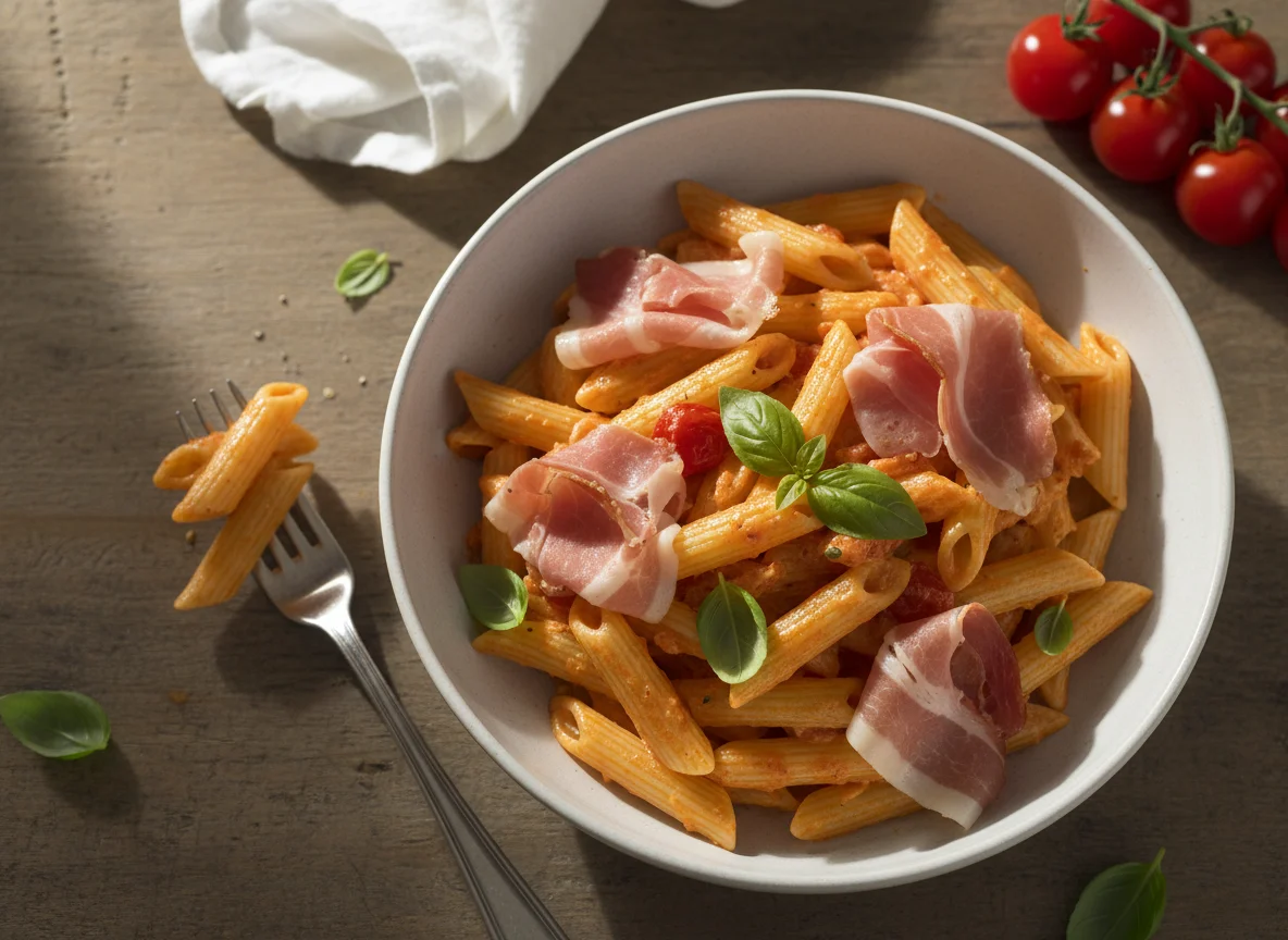 Penne with Tomato Cream Sauce and Cured Ham photo