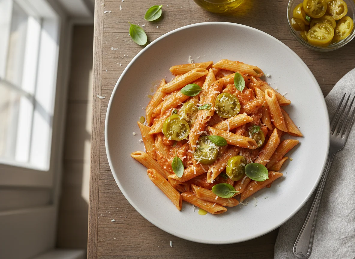 Penne with Tomato Cream Sauce and Pickled Vegetables photo
