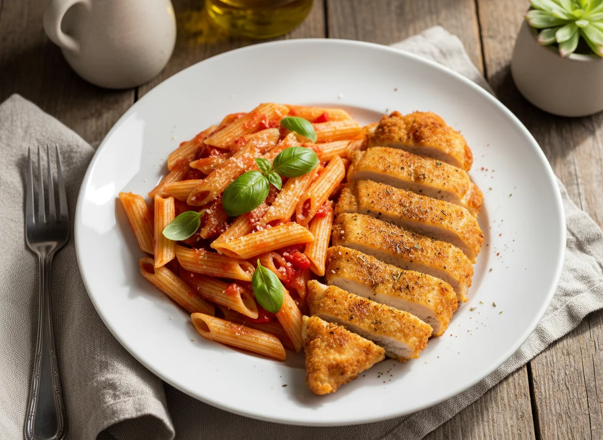 Penne with Tomato Sauce and Fried Chicken photo