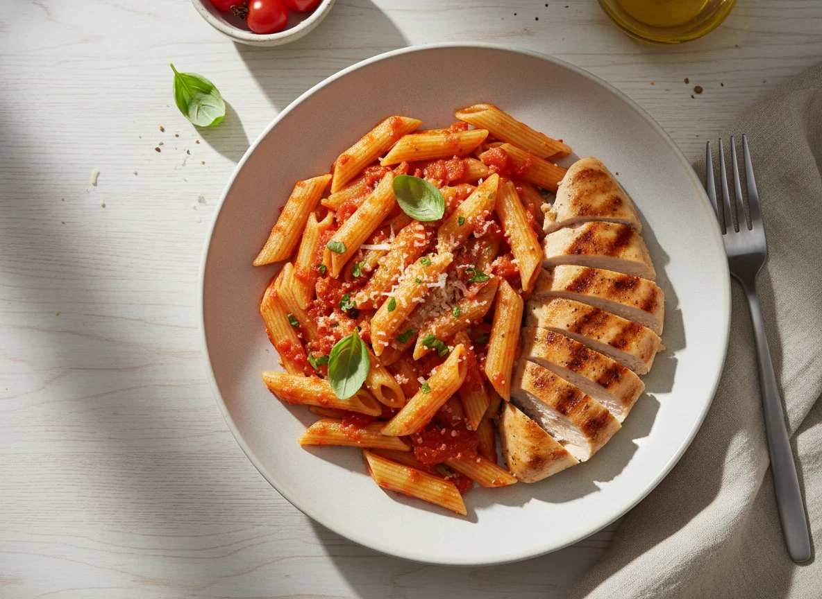 Penne with Tomato Sauce and Grilled Chicken photo