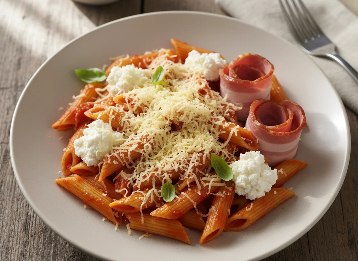 Penne with Tomato Sauce, Cheese, Cottage Cheese, and Smoked Meat photo