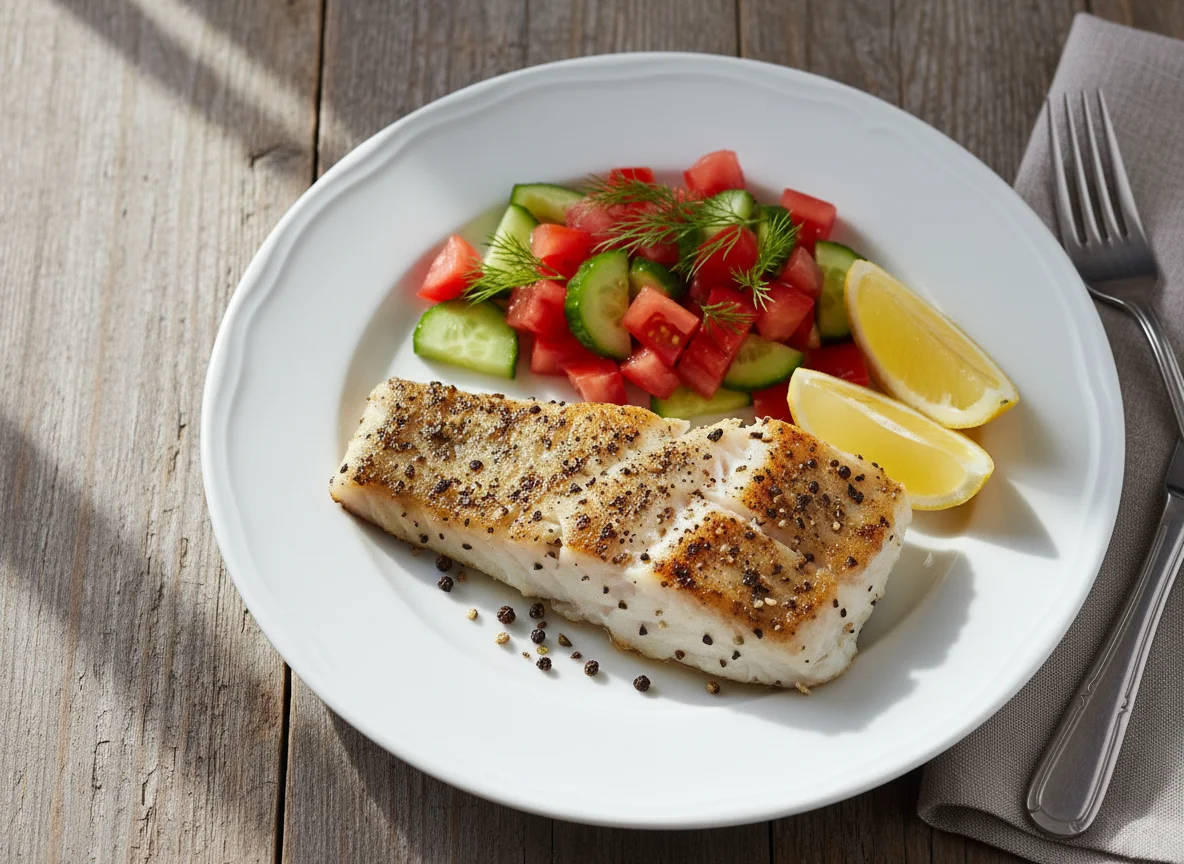 Peppered Fish with Cucumber and Tomato Salad photo