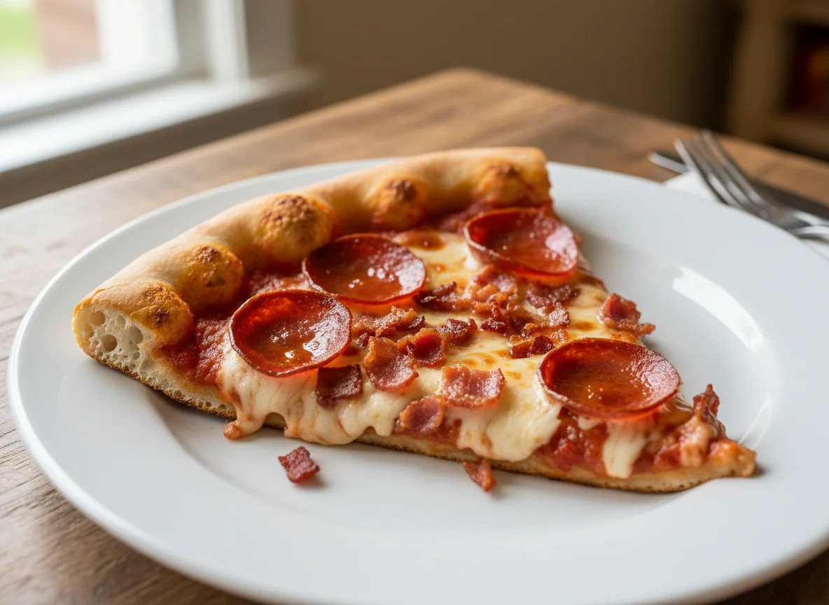 Pepperoni and Bacon Pizza Slice photo