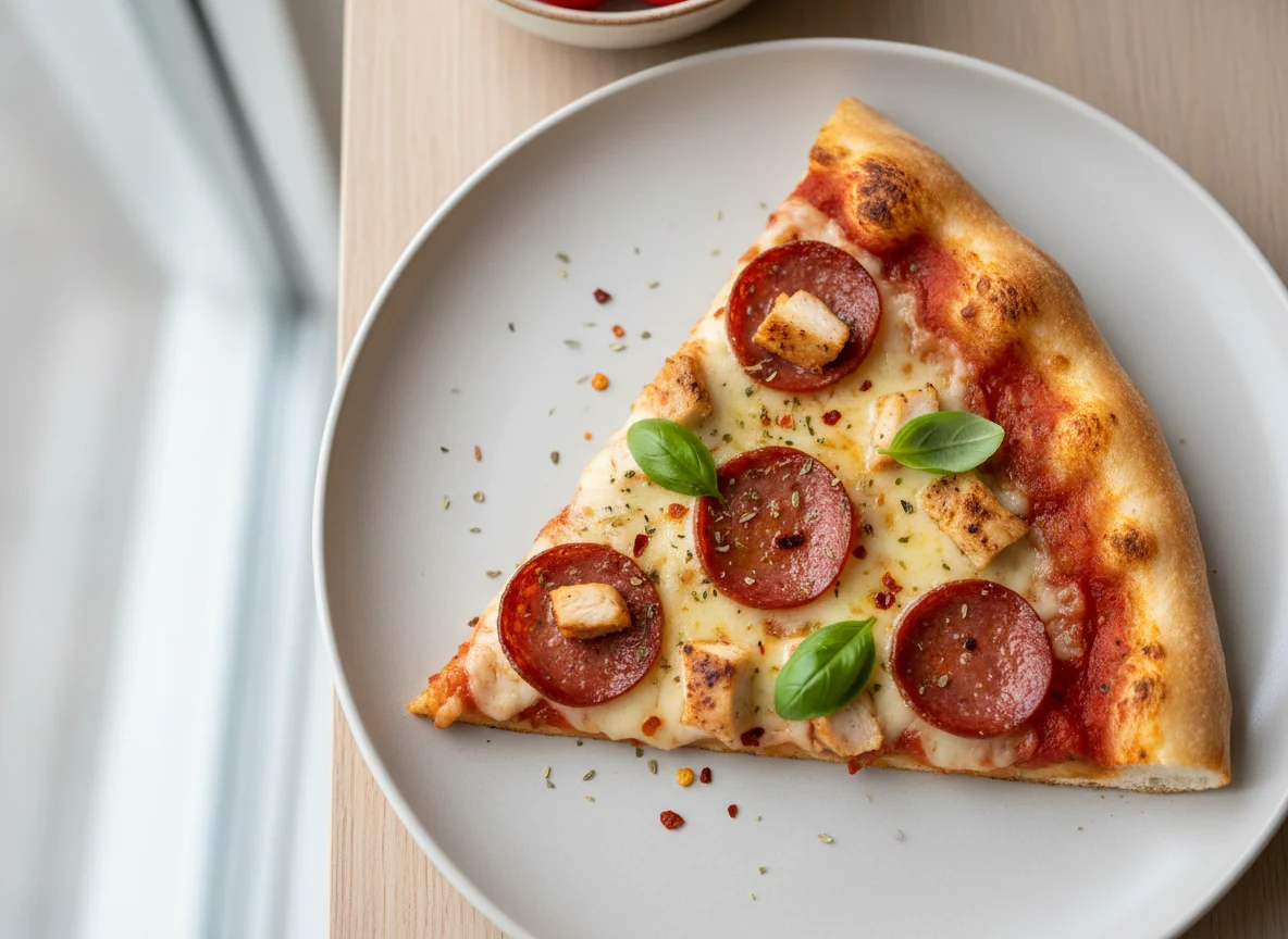 Pepperoni and Chicken Pizza Slice photo