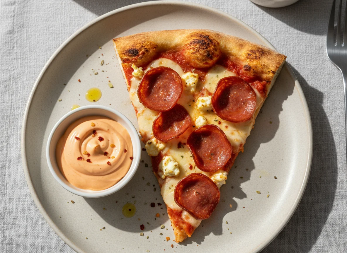 Pepperoni and Feta Pizza Slice with Dip photo