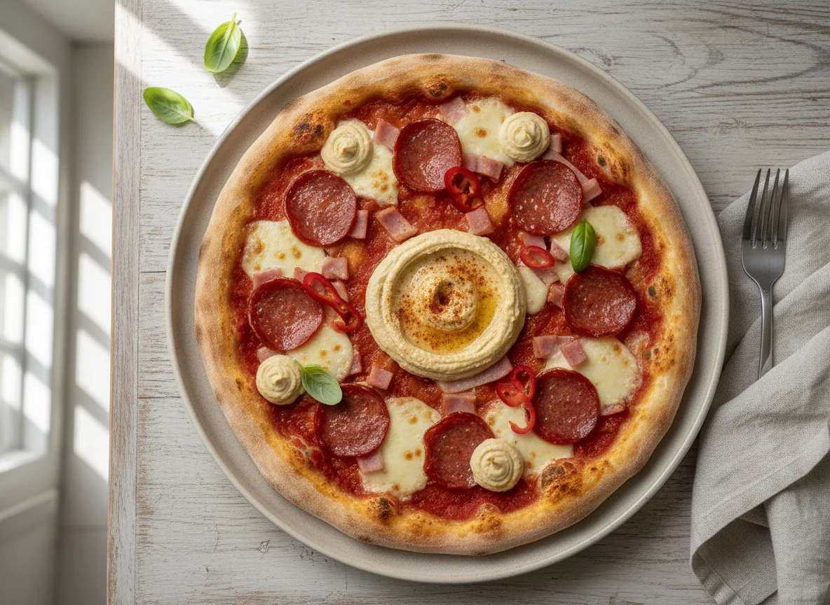 Pepperoni and Ham Pizza with Hummus photo