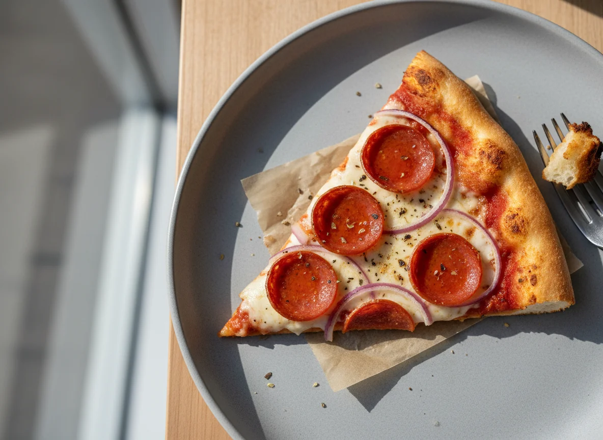 Pepperoni and Onion Pizza Slice photo