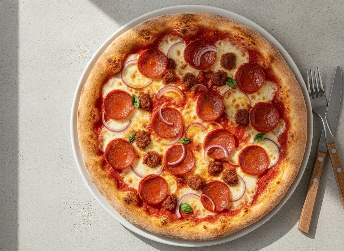 Pepperoni and Red Onion Pizza photo