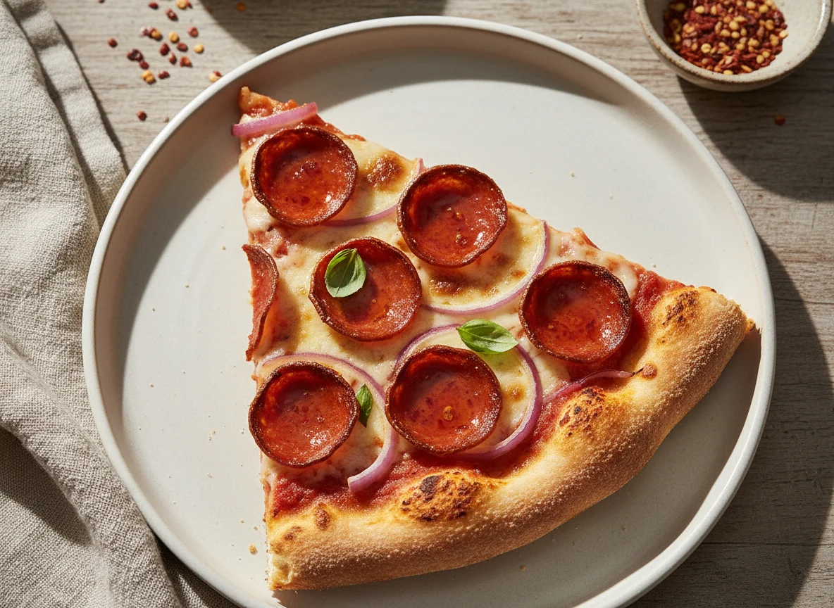 Pepperoni and Red Onion Pizza Slice photo