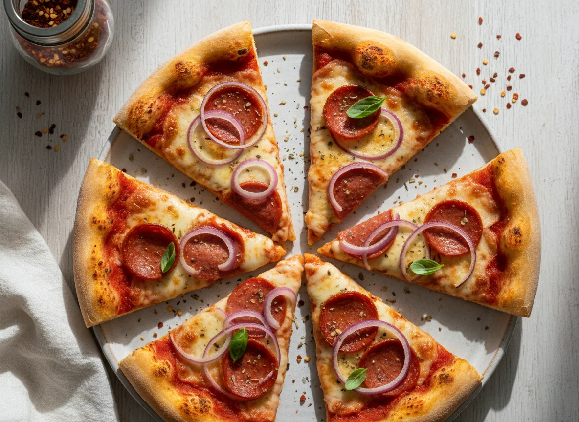 Pepperoni and Red Onion Pizza Slices photo