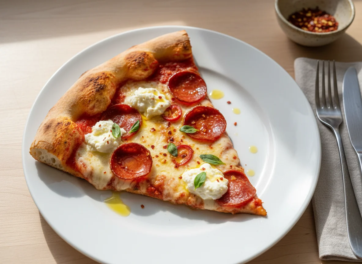 Pepperoni and Ricotta Pizza Slice photo