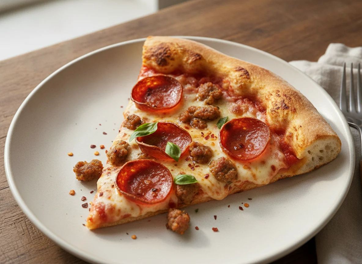 Pepperoni and Sausage Pizza Slice photo