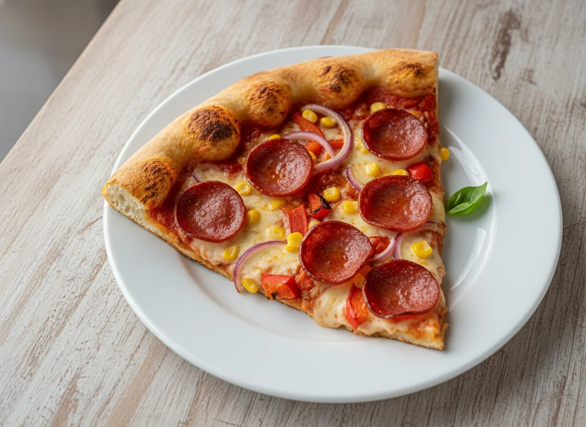 Pepperoni and Vegetable Pizza Slice photo