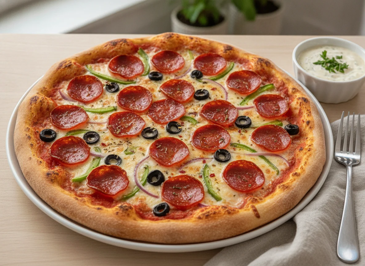 Pepperoni and Vegetable Pizza with Garlic Dip photo