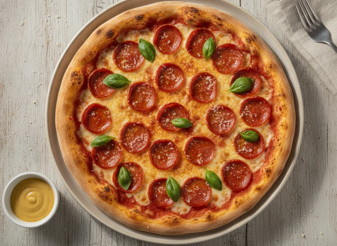 Pepperoni Pizza with Basil and Parmesan photo