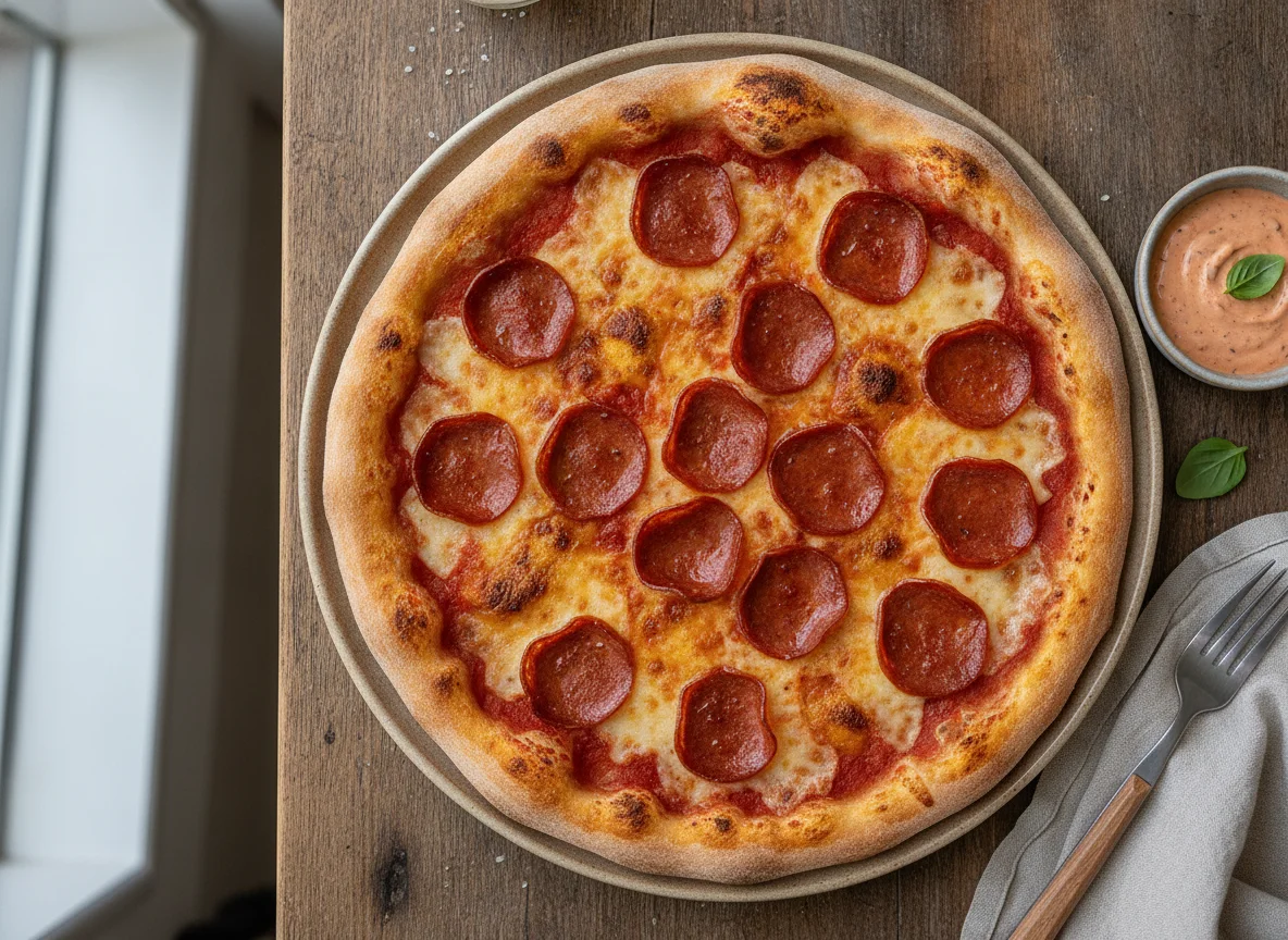 Pepperoni pizza with dipping sauce photo