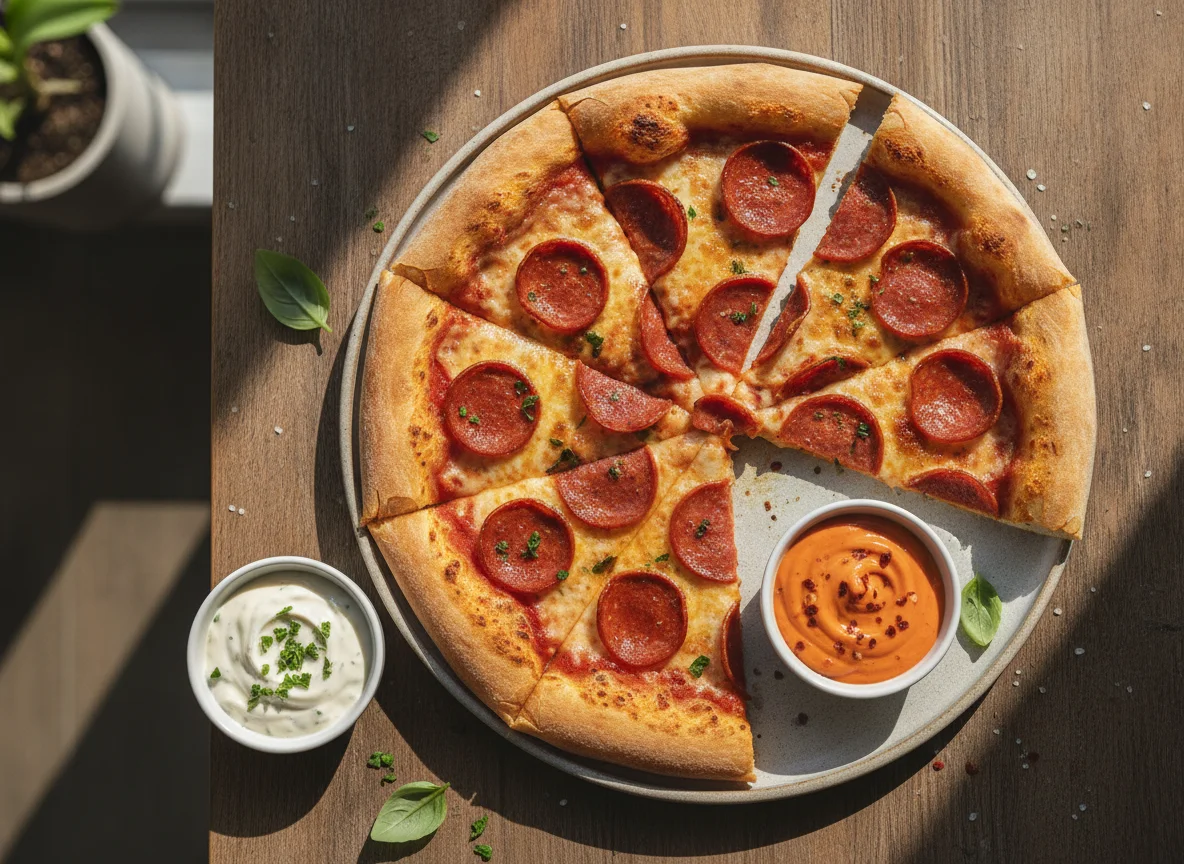 Pepperoni Pizza with Dipping Sauces photo