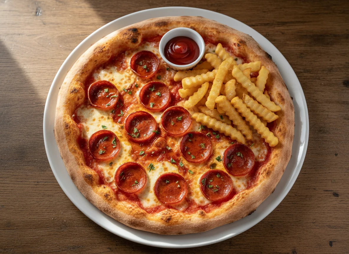 Pepperoni Pizza with Fries and Ketchup photo