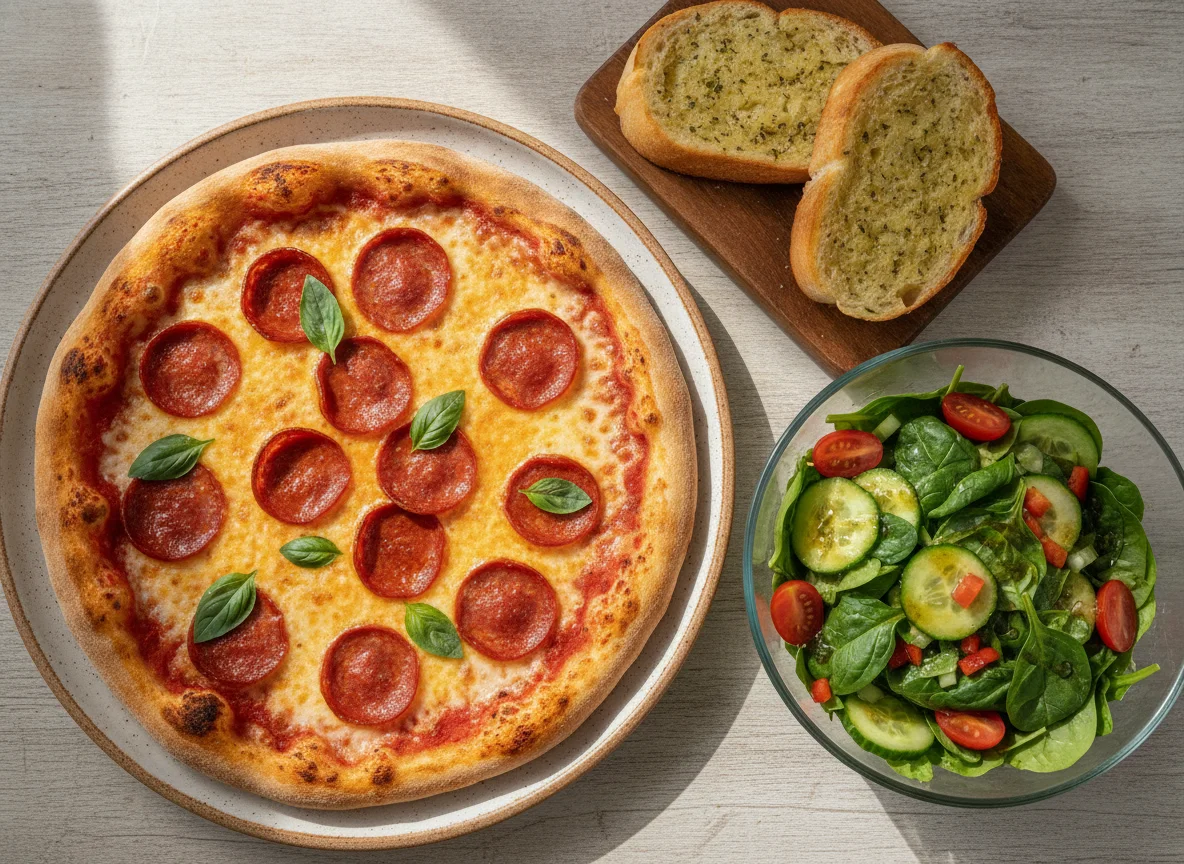 Pepperoni Pizza with Garlic Bread and Side Salad photo