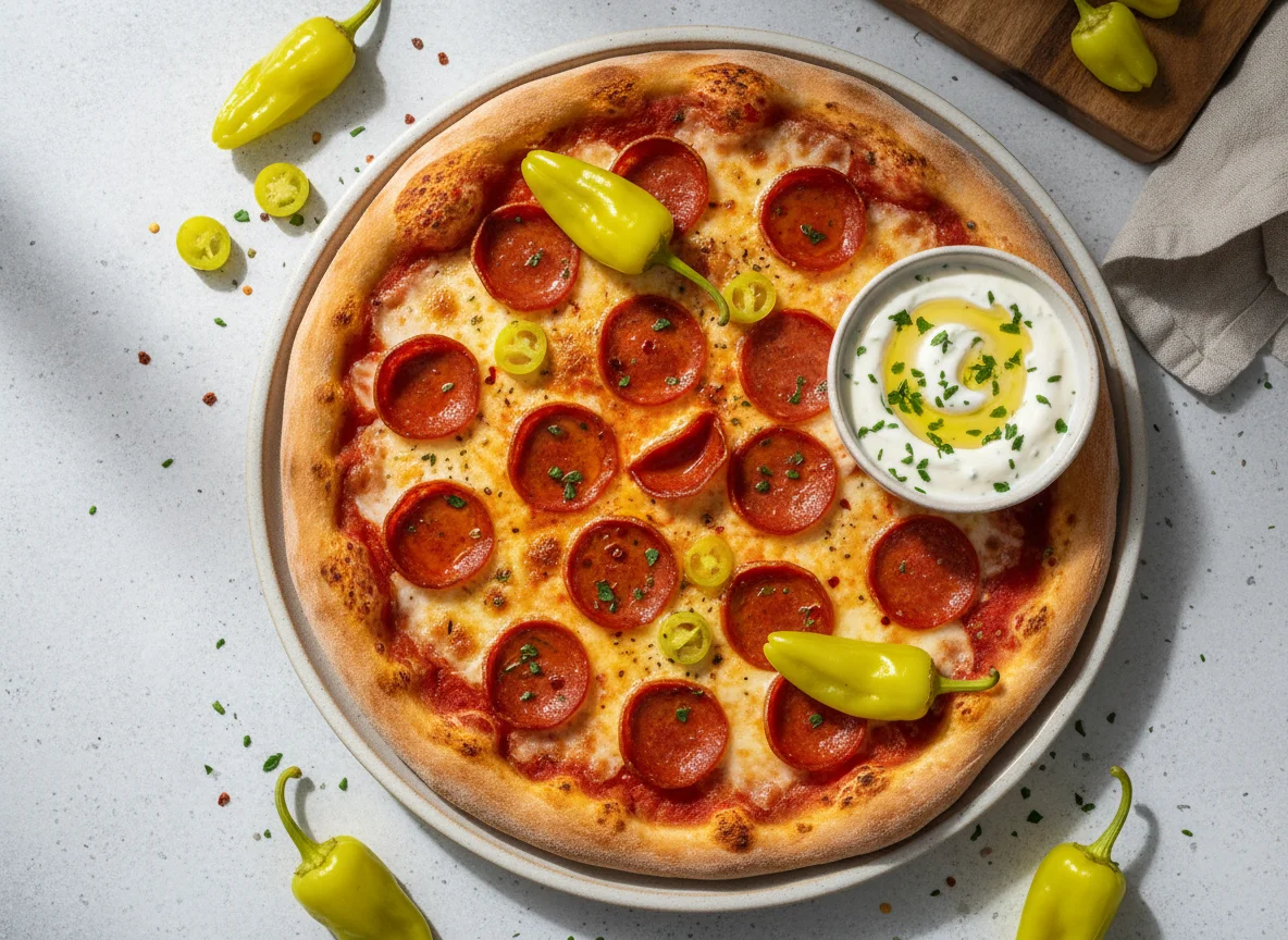 Pepperoni Pizza with Garlic Sauce and Pepperoncini photo