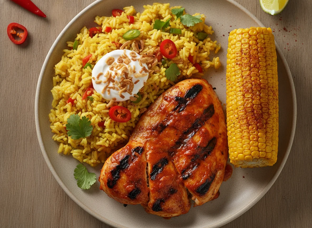 Peri-Peri Chicken with Spicy Rice and Corn on the Cob photo