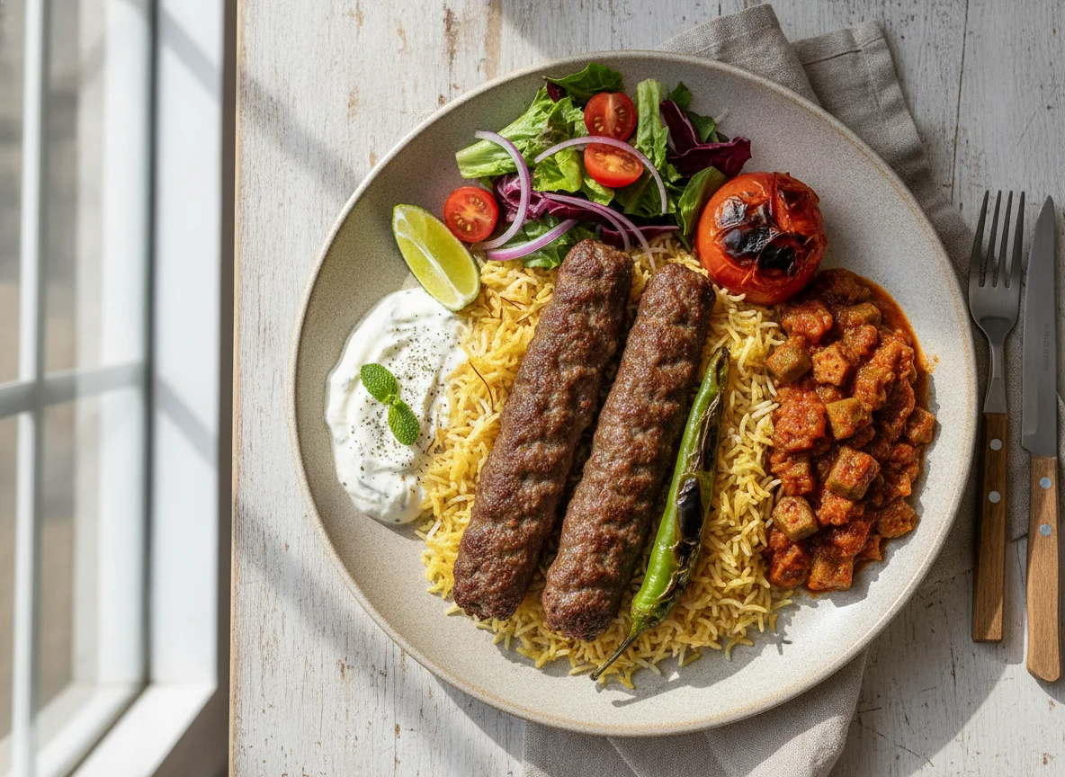 Persian Koobideh Kabob with Saffron Rice and Okra Stew photo