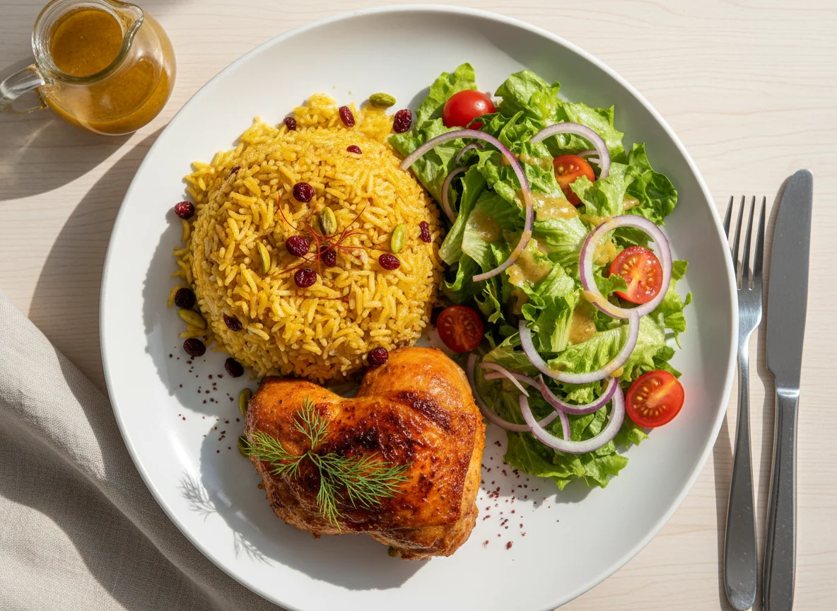 Persian style rice with chicken and salad photo