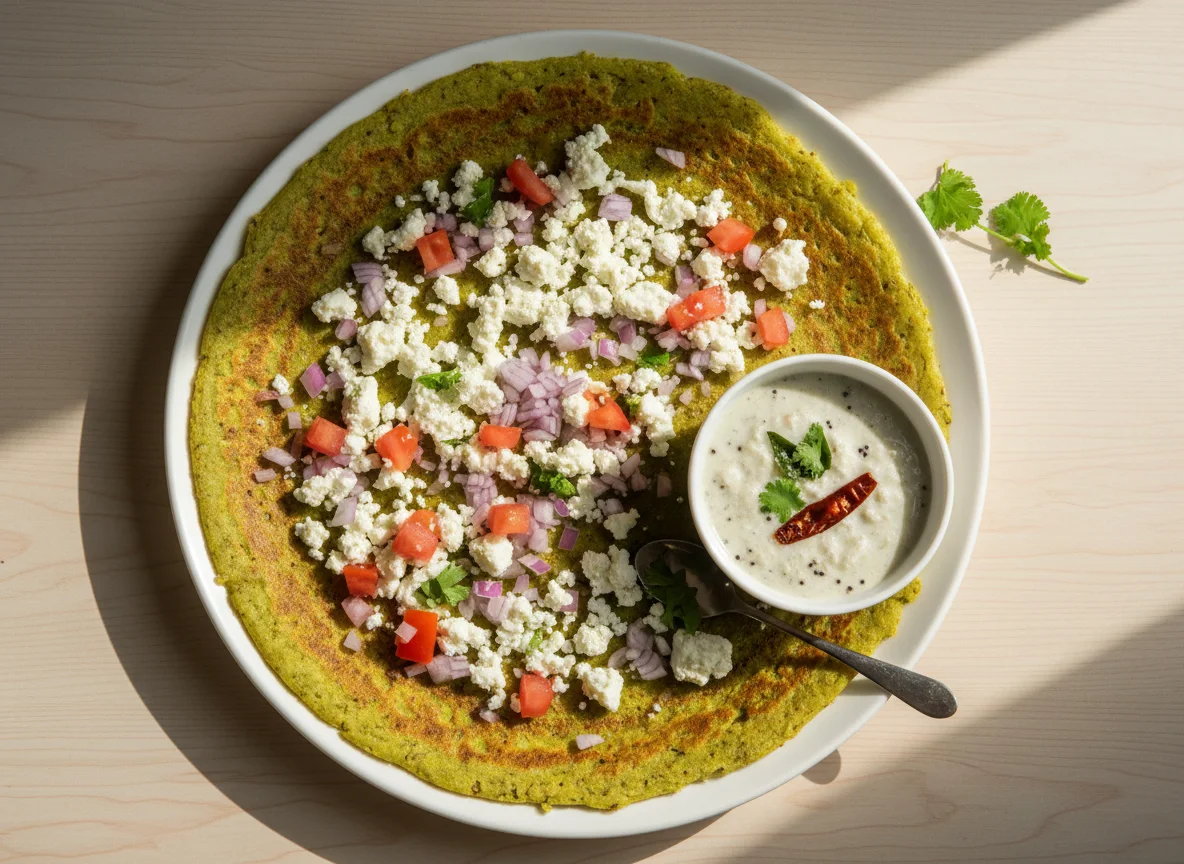 Pesarattu with Paneer Topping and Coconut Chutney photo