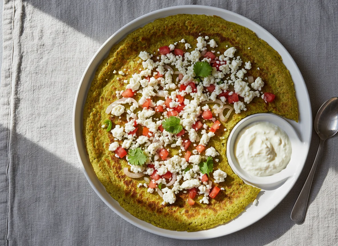 Pesarattu with Paneer Topping and Curd photo