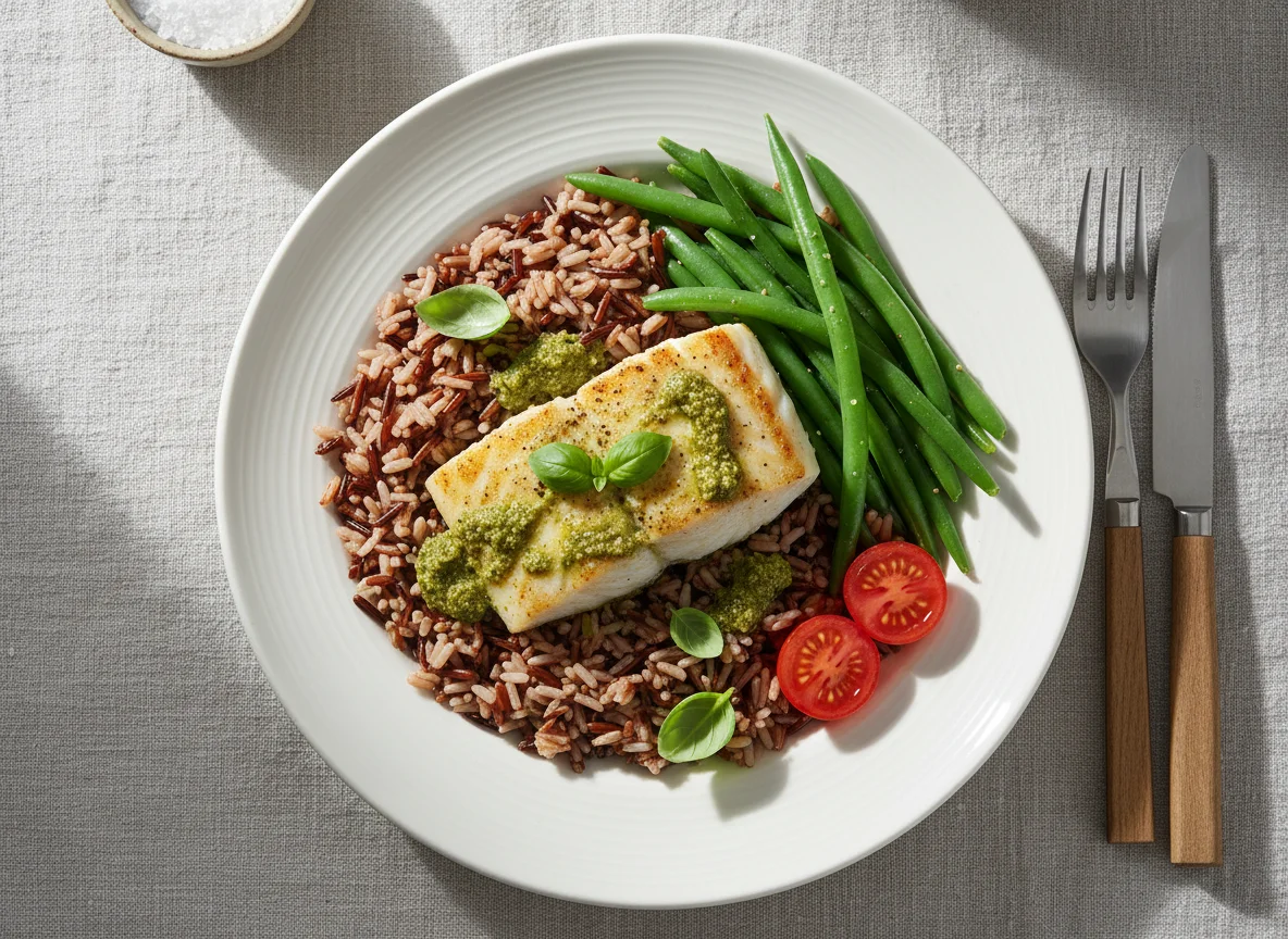 Pesto Cod with Wild Rice and Green Beans photo