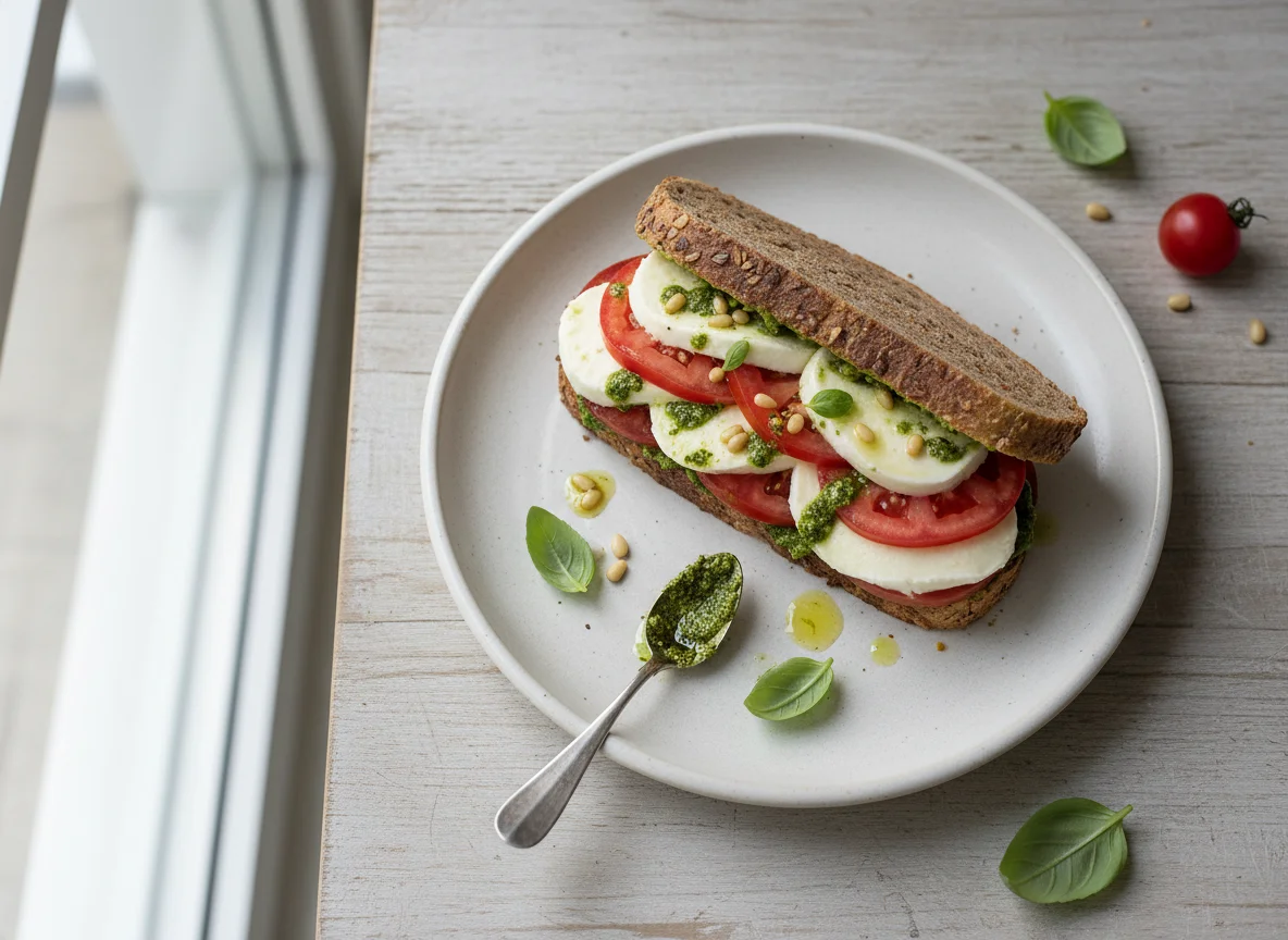 Pesto, Mozzarella and Tomato Sandwich photo