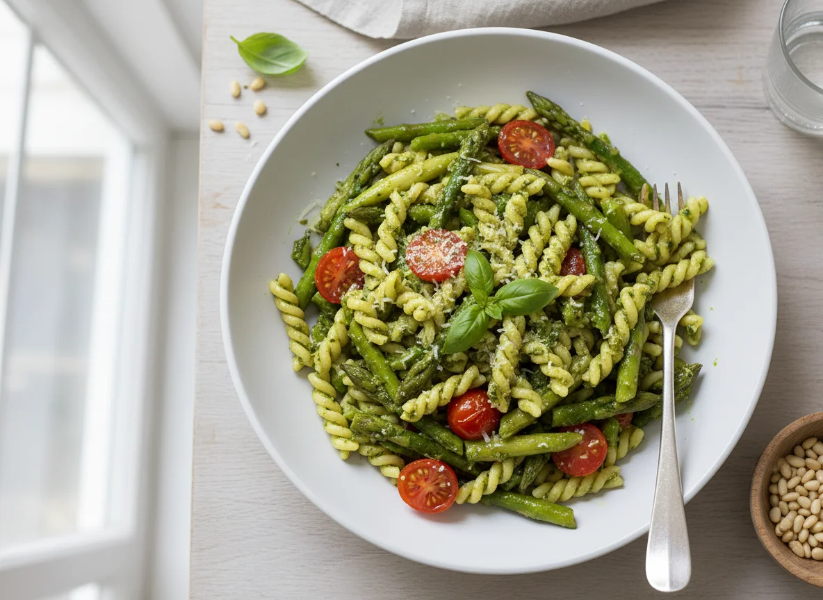 Pesto Pasta with Asparagus and Cherry Tomatoes photo