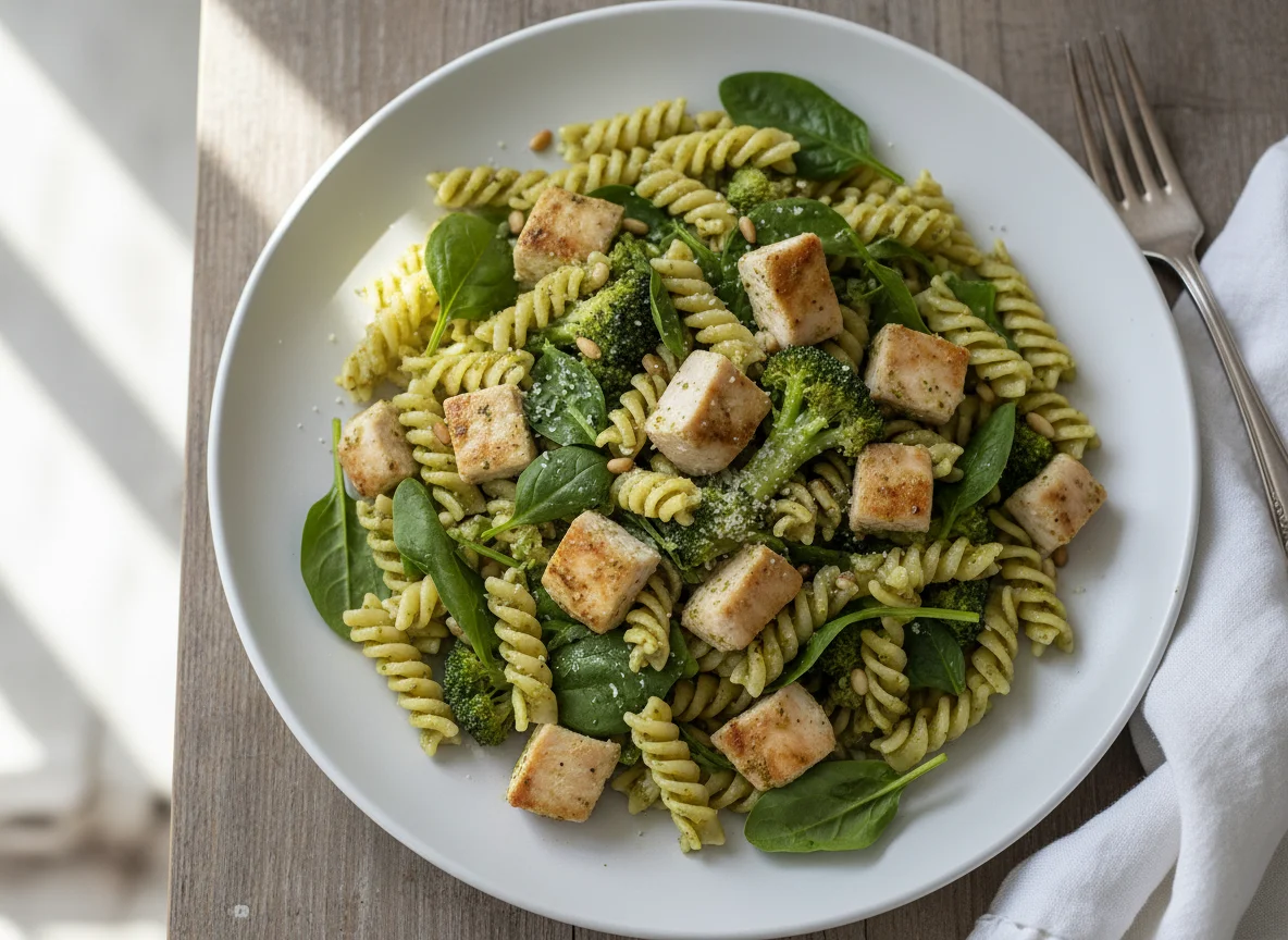 Pesto Pasta with Chicken, Spinach, and Broccoli photo