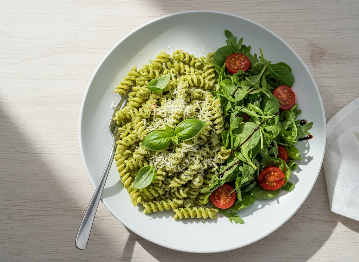Pesto Pasta with Green Salad photo