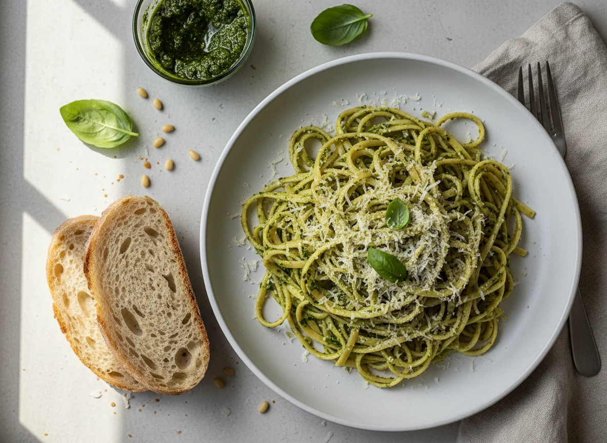 Pesto Pasta with Parmesan and Sourdough Bread photo