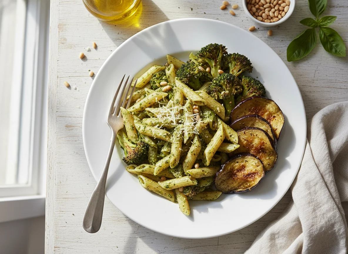 Pesto Pasta with Roasted Broccoli and Eggplant photo
