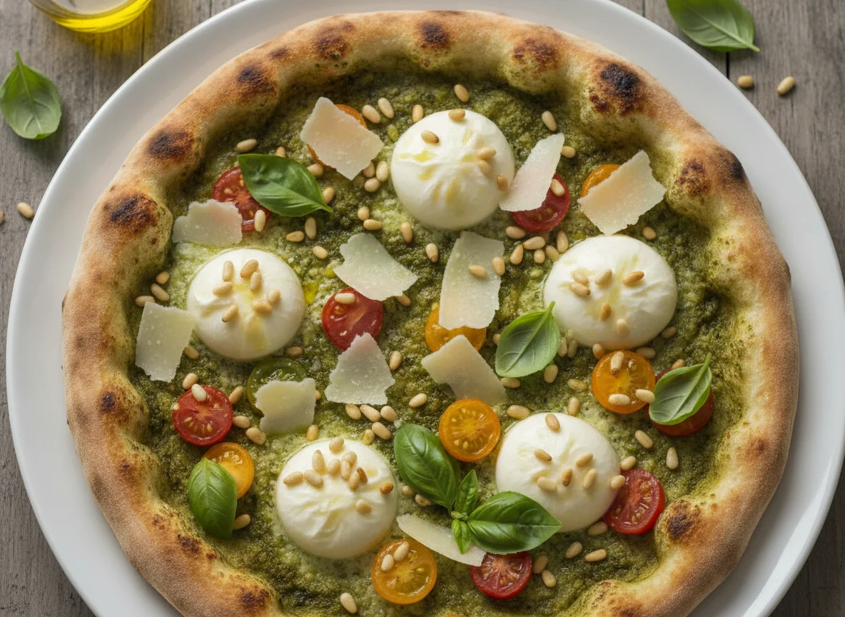 Pesto Pizza with Burrata and Pine Nuts photo