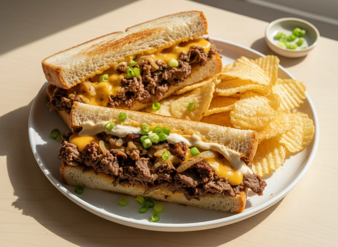 Philly Cheesesteak Sandwich with Potato Chips photo