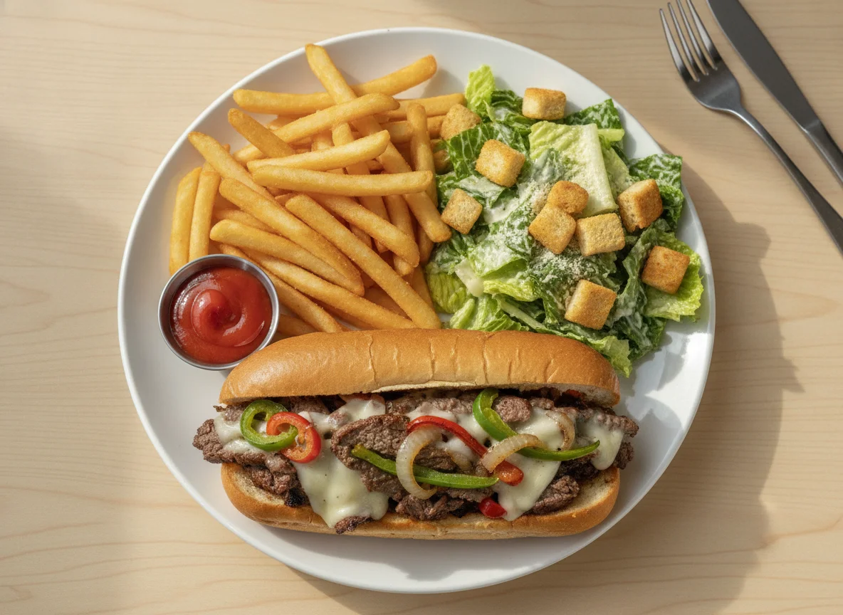 Philly Cheesesteak with French Fries and Caesar Salad photo