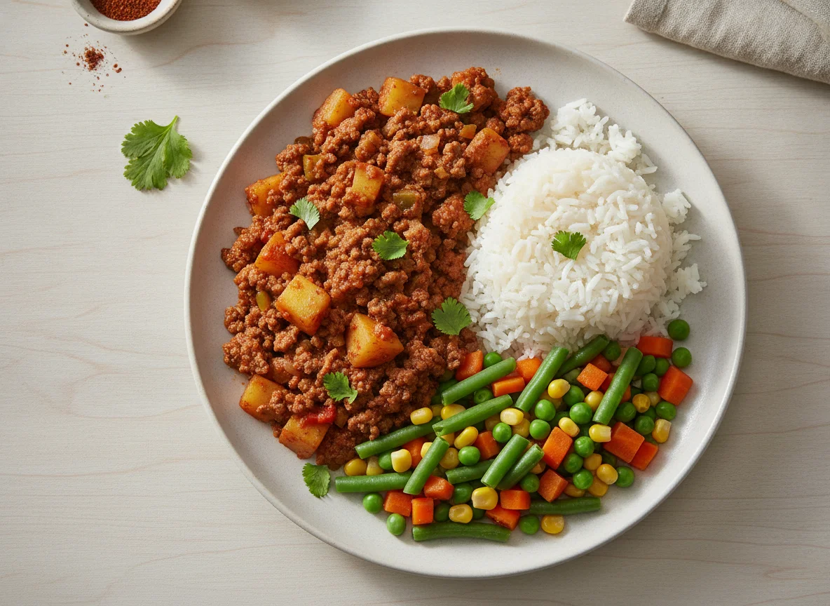 Picadillo de Papa with Rice and Mixed Vegetables photo