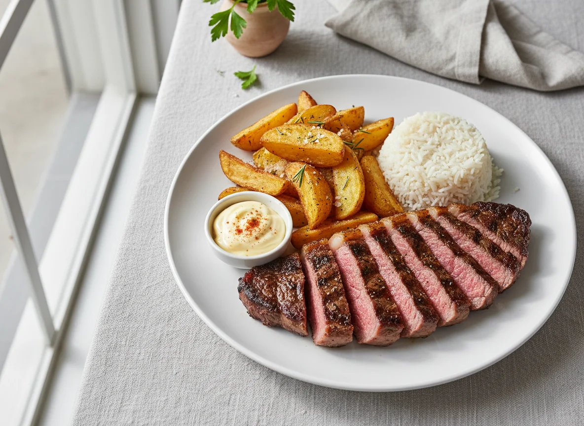 Picanha steak with potato wedges, rice, and sauce photo
