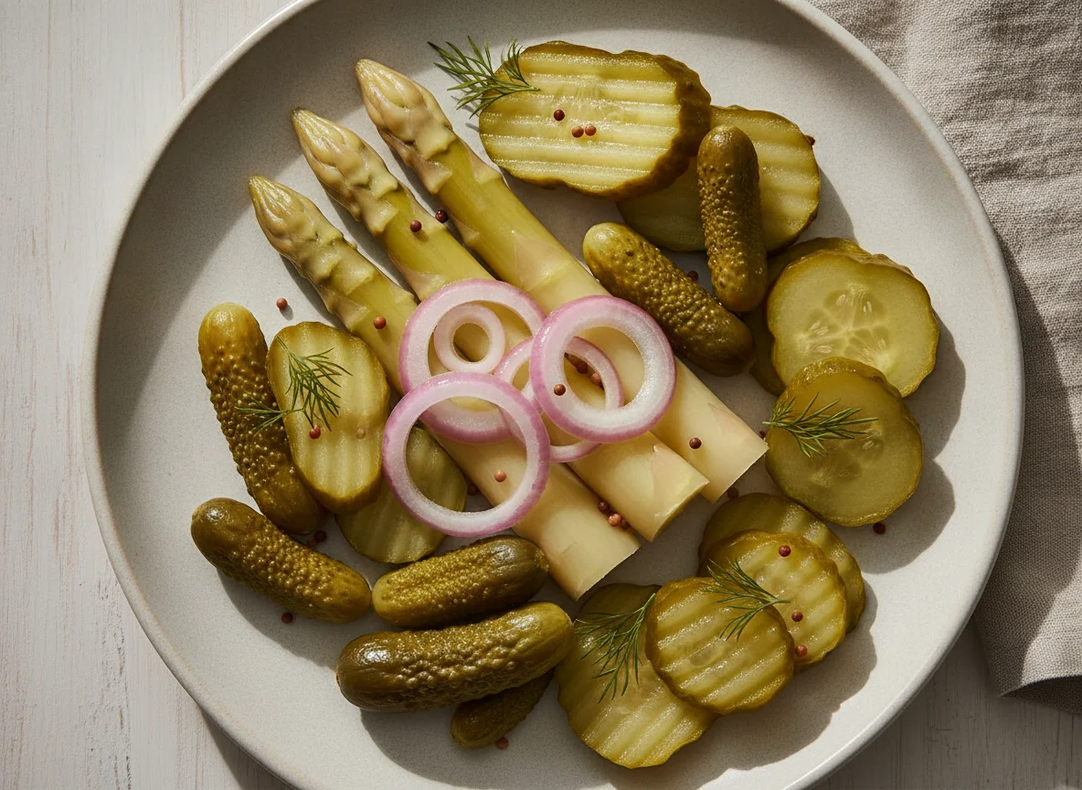 Pickled vegetables and asparagus photo