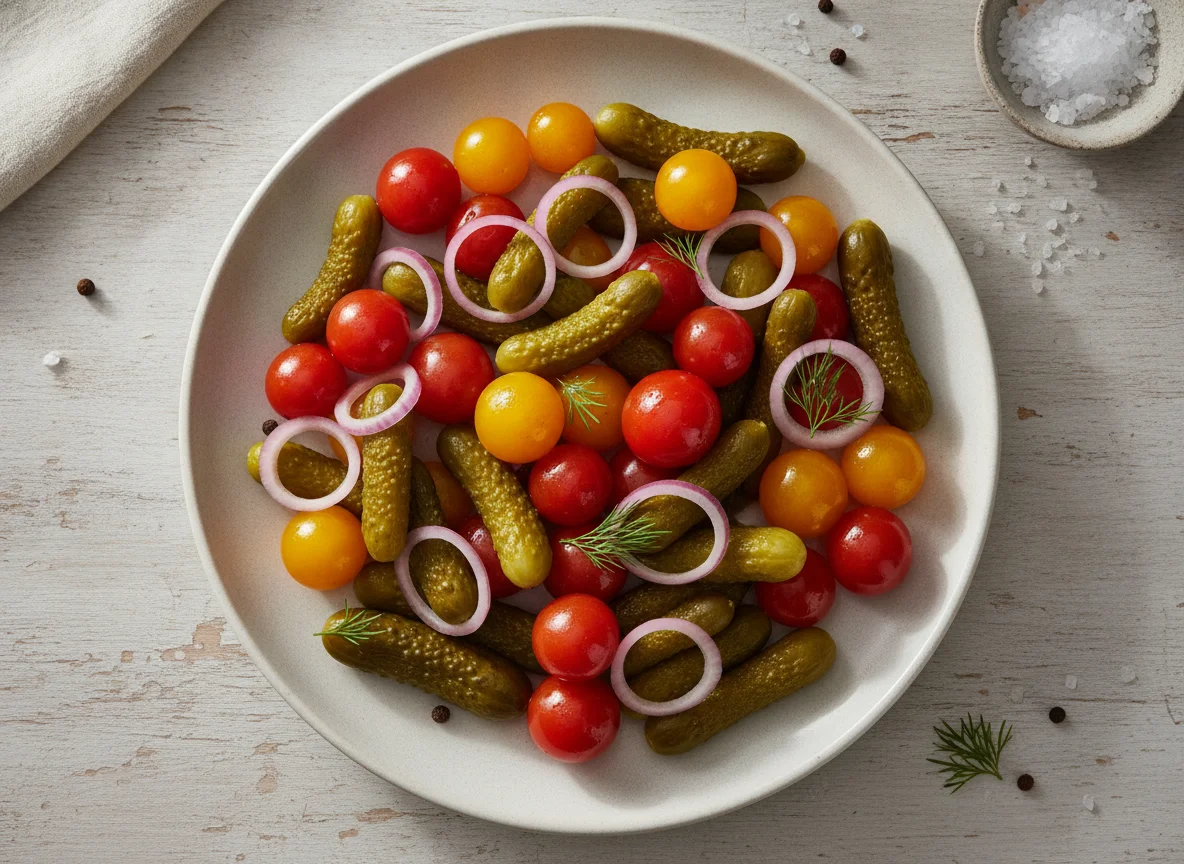 Pickled vegetables and cherry tomatoes photo