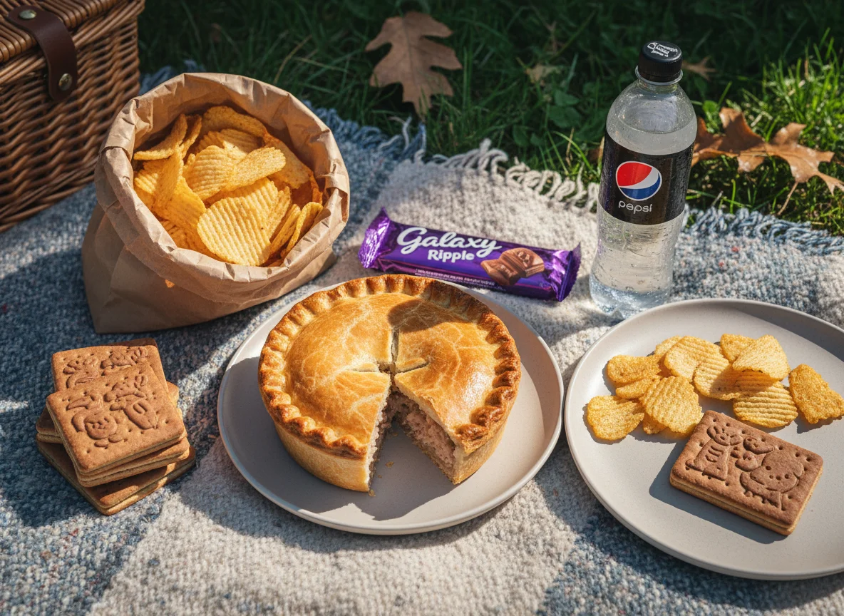 Picnic meal with pies, crisps, chocolate, biscuits and drink photo