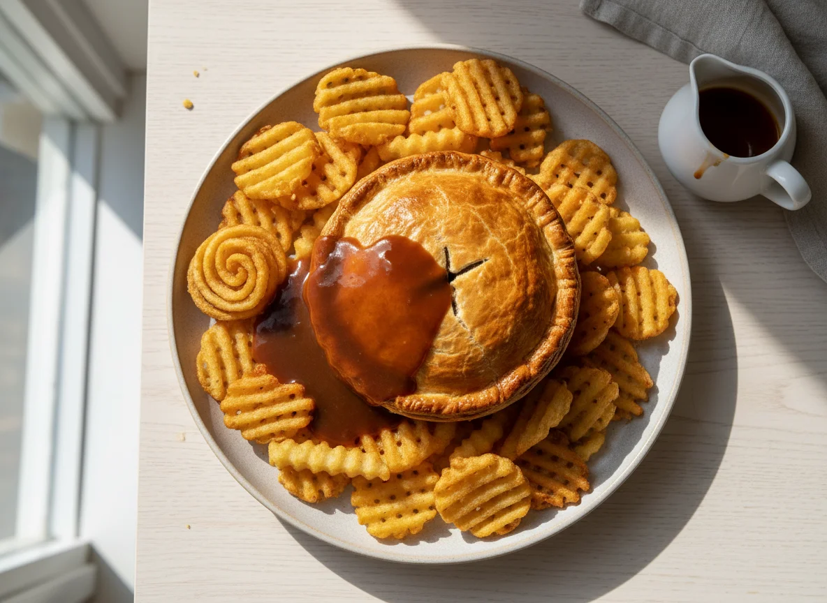 Pie with potato shapes and gravy photo