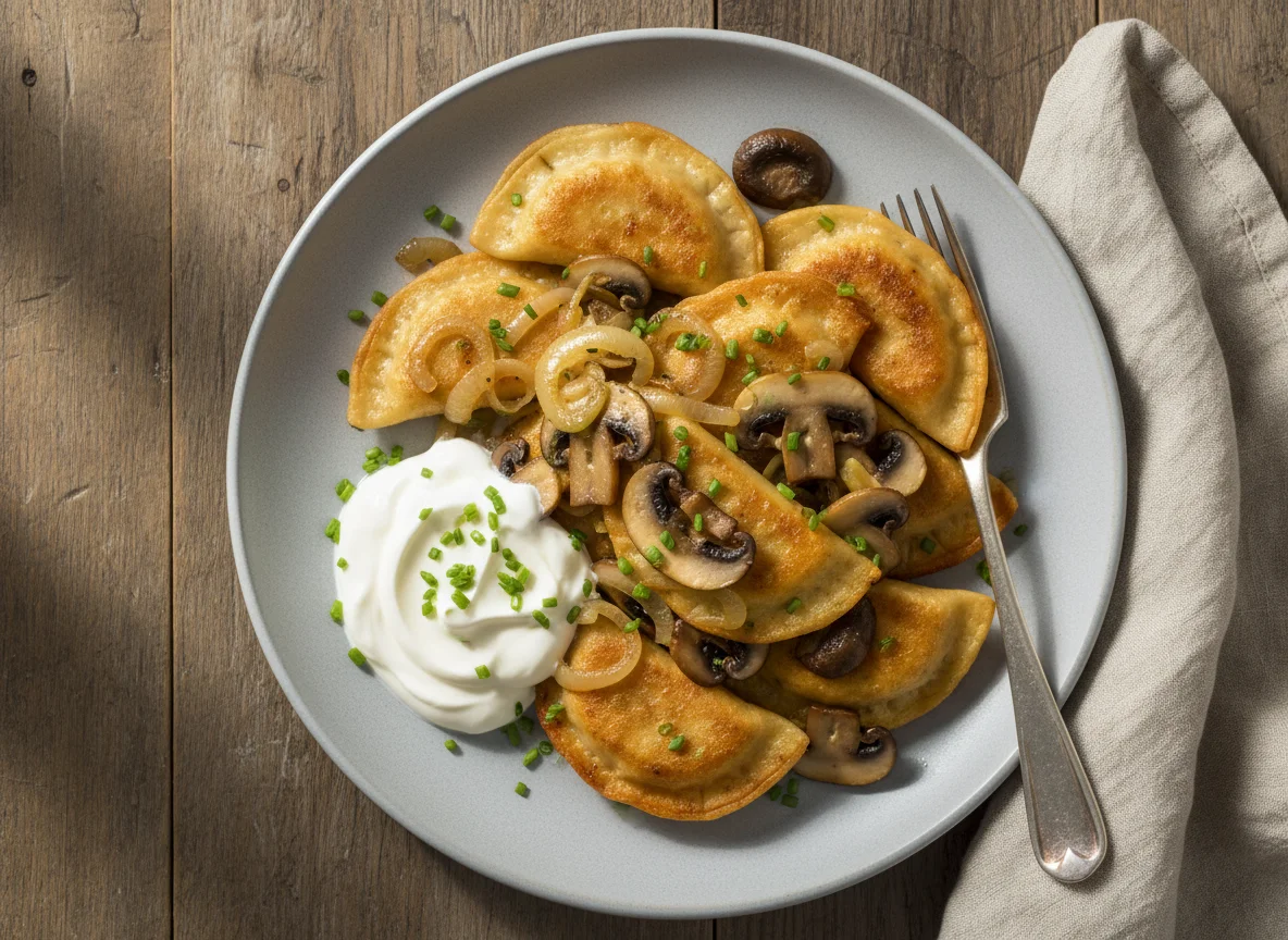 Pierogies with Onions, Mushrooms and Sour Cream photo