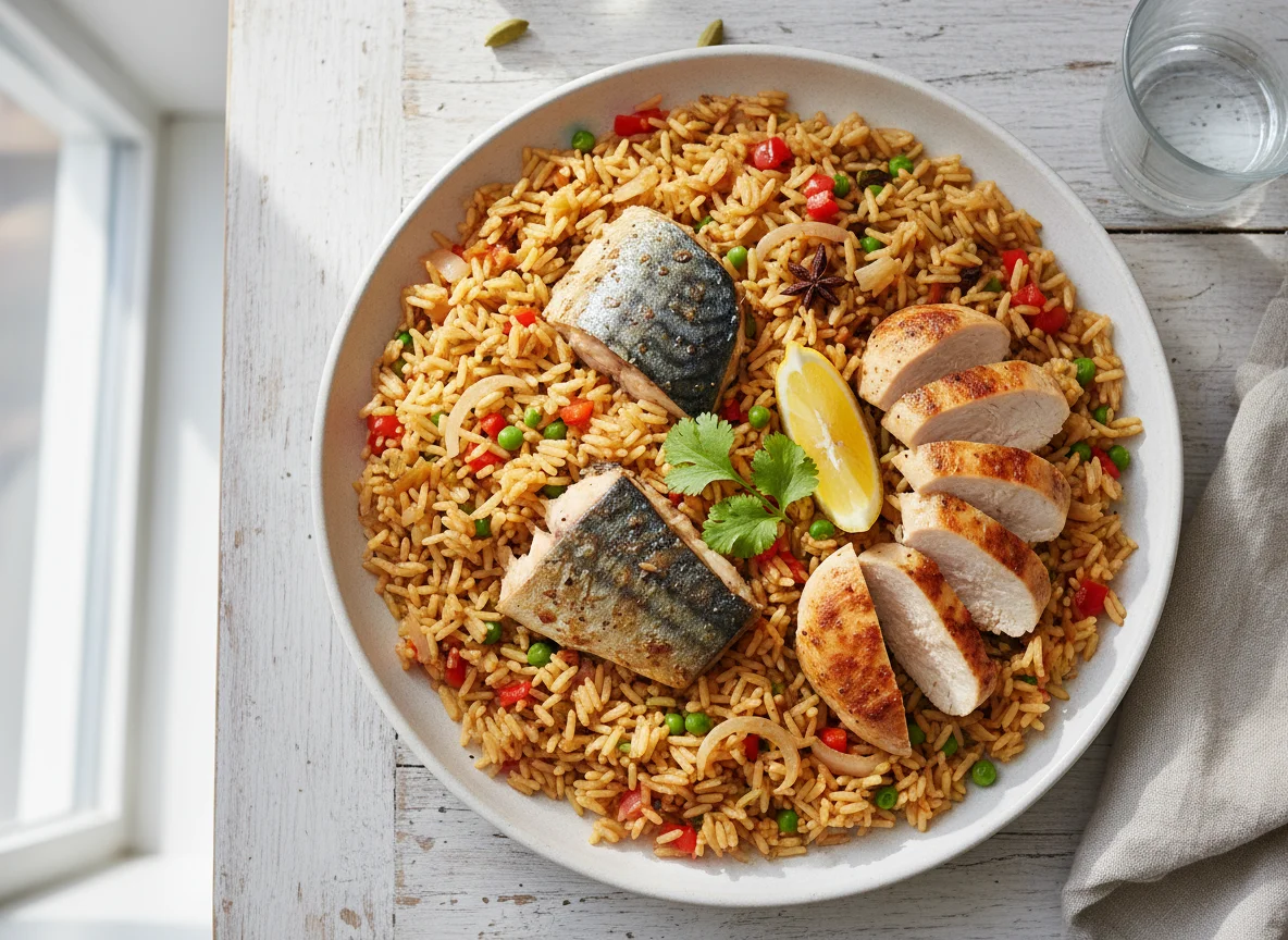 Pilau Rice with Fish and Chicken photo